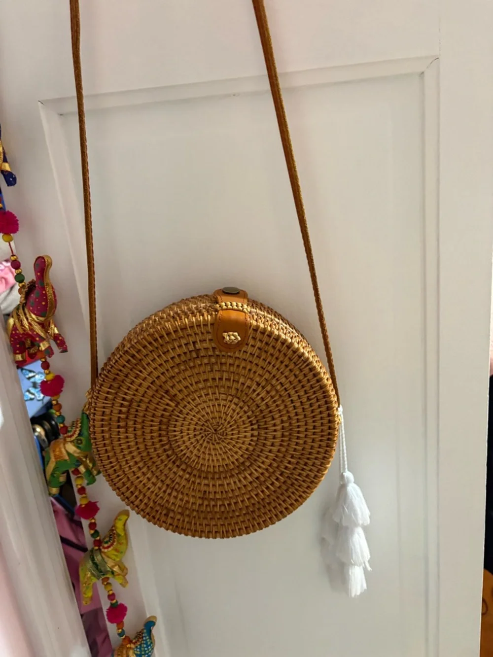 Woven Round Straw Crossbody Bag - Tan - Picture 2 of 2